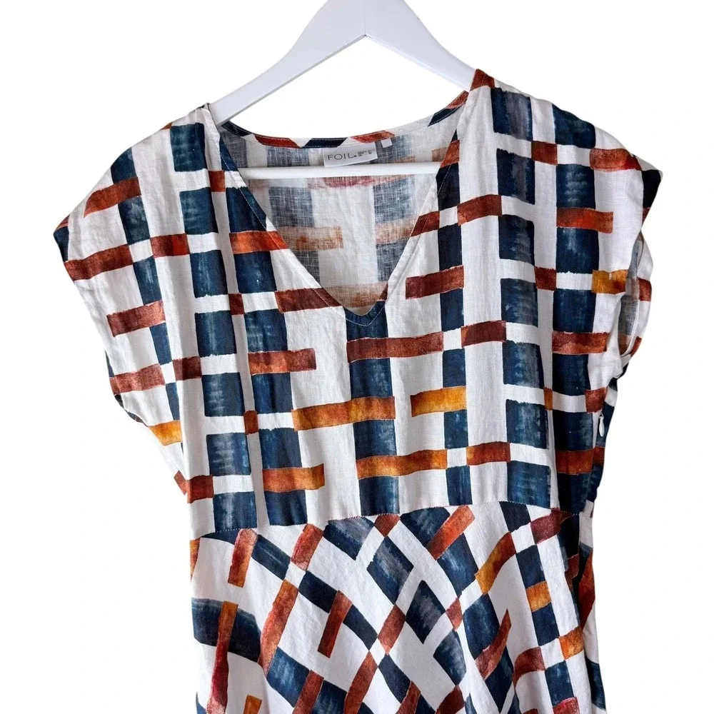 FOIL Linen Midi Dress Womens 6 Abstract Geometric Brushstroke‎ V-Neck Pockets